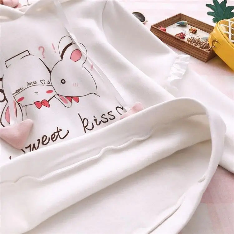 Cute White Baby Kisses Hoodie with Bunny Ears for Kawaii Fashion - sweater