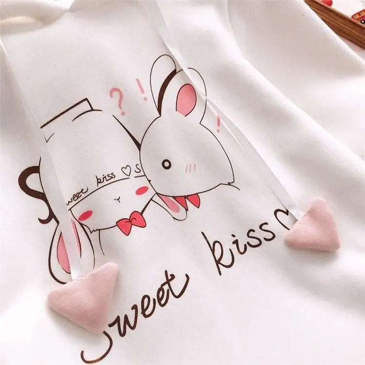 Cute White Baby Kisses Hoodie with Bunny Ears for Kawaii Fashion - sweater