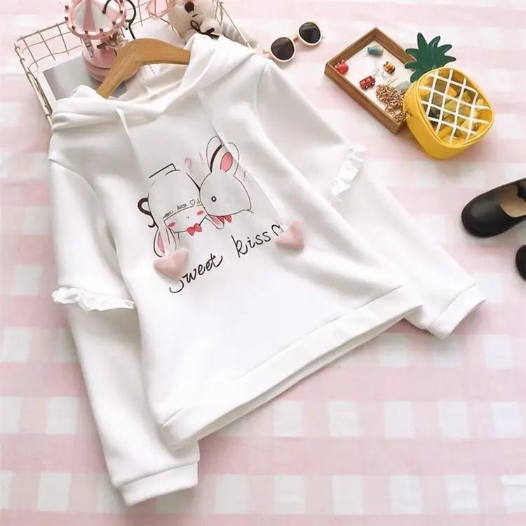 Cute White Baby Kisses Hoodie with Bunny Ears for Kawaii Fashion - Cosparty