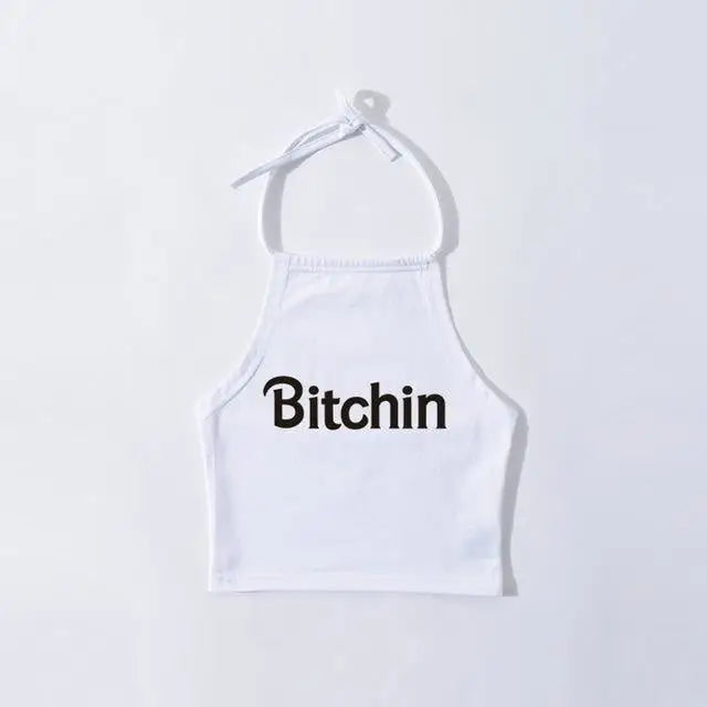 White Bitchin Girl Tank Top Halter Shirt Belly Cropped Crop Top DD/LG Fetish Kink by DDLG Playground