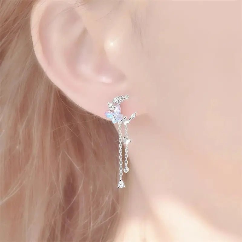 Dainty Crescent Moon Crystal Earrings with Rhinestones and Gems - Cosparty