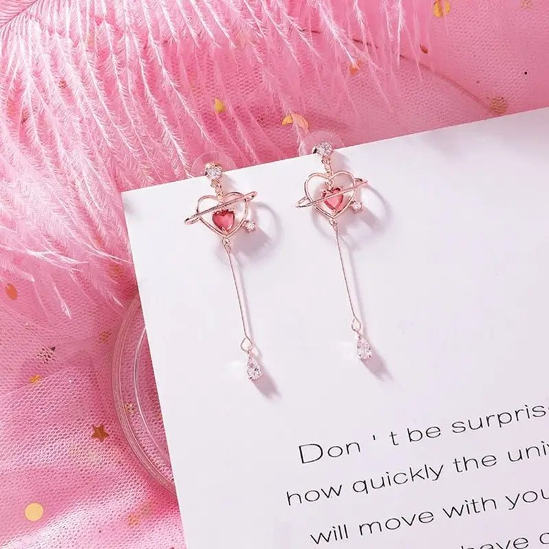 Dainty Heart Planet Crystal Earrings with Rhinestones and Gems - Cosparty