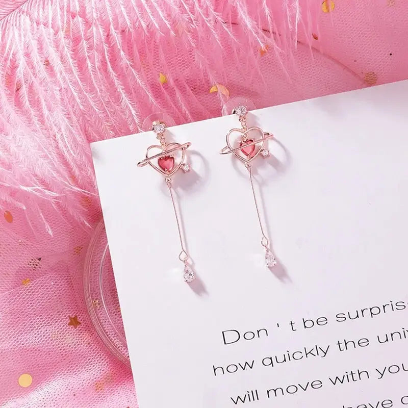 Dainty Heart Planet Crystal Earrings with Rhinestones and Gems - earrings