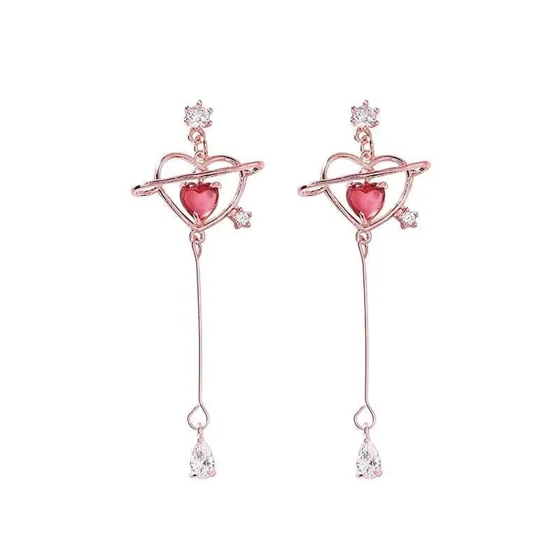 Dainty Heart Planet Crystal Earrings with Rhinestones and Gems - Cosparty