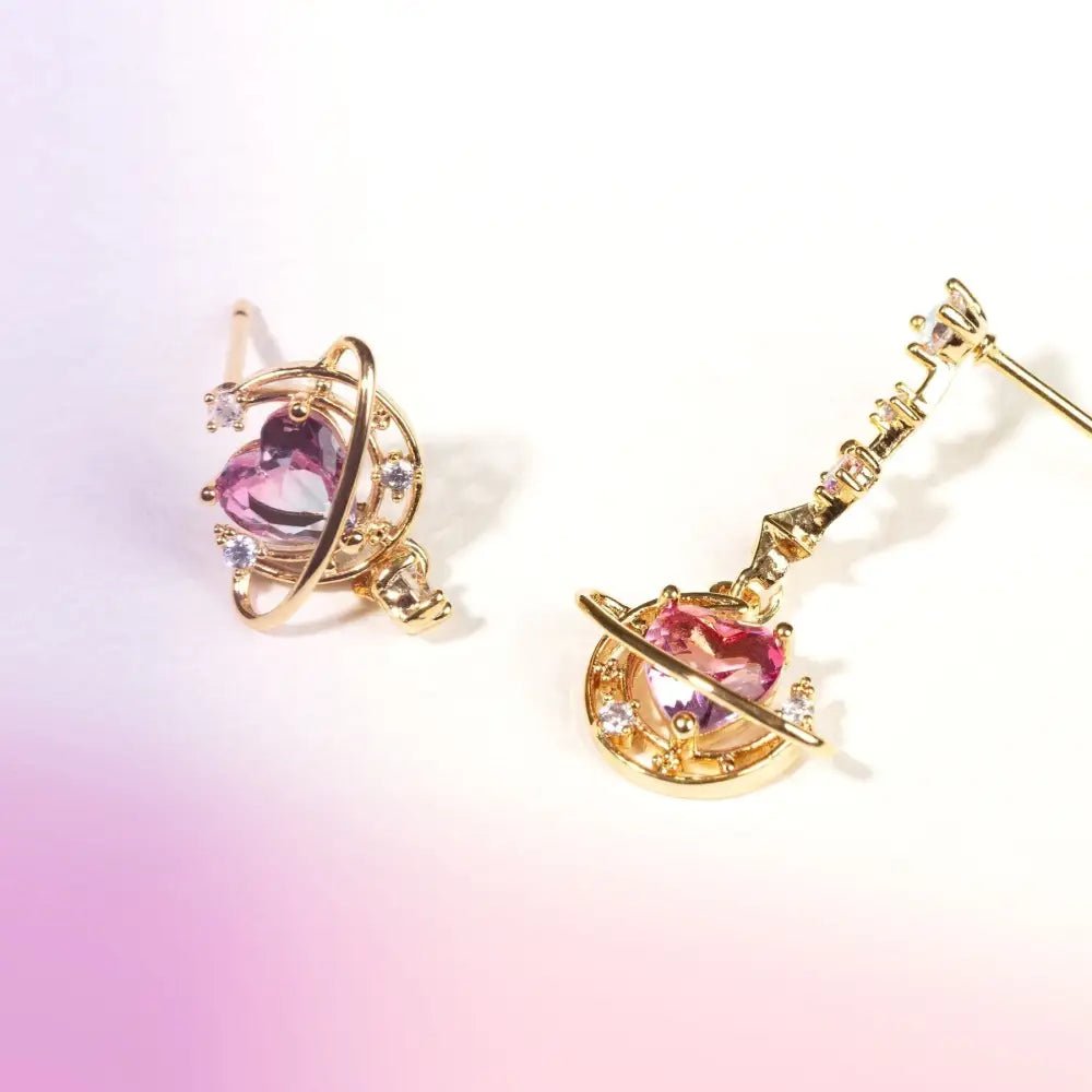 Dainty Heart Planet Earrings with Rhinestones and Gem Details - Cosparty
