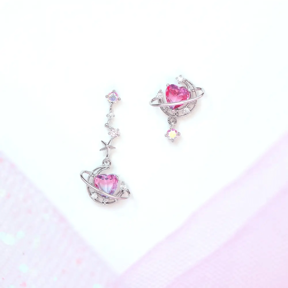 Dainty Heart Planet Earrings with Rhinestones and Gem Details - Cosparty