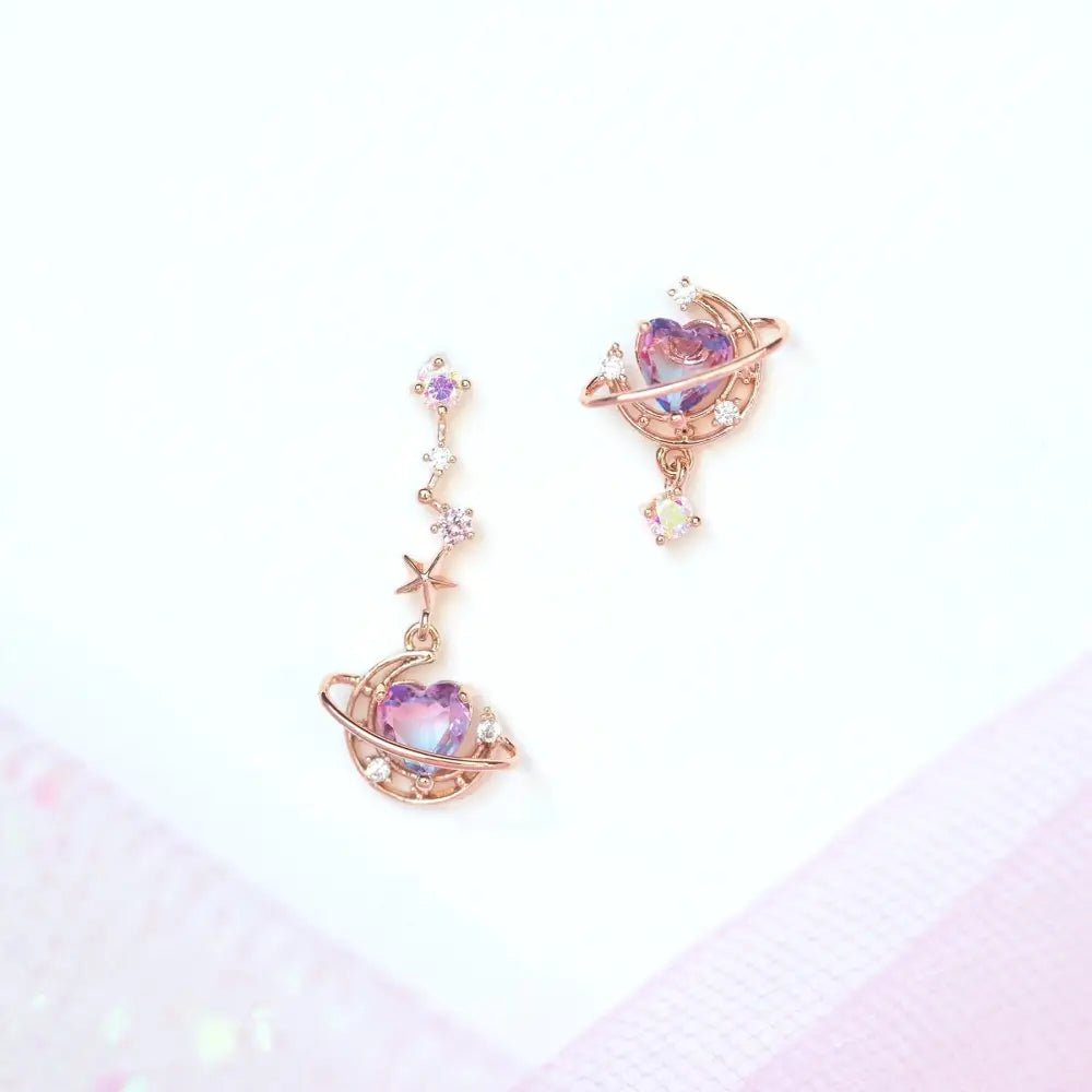 Dainty Heart Planet Earrings with Rhinestones and Gem Details - Cosparty