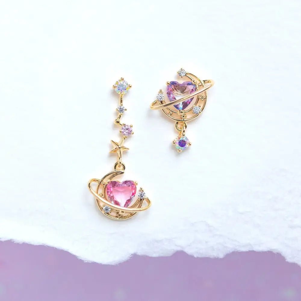 Dainty Heart Planet Earrings with Rhinestones and Gem Details - Cosparty