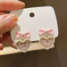 Dainty Pink Plaid Heart Flower Earrings with Gold Details - earrings