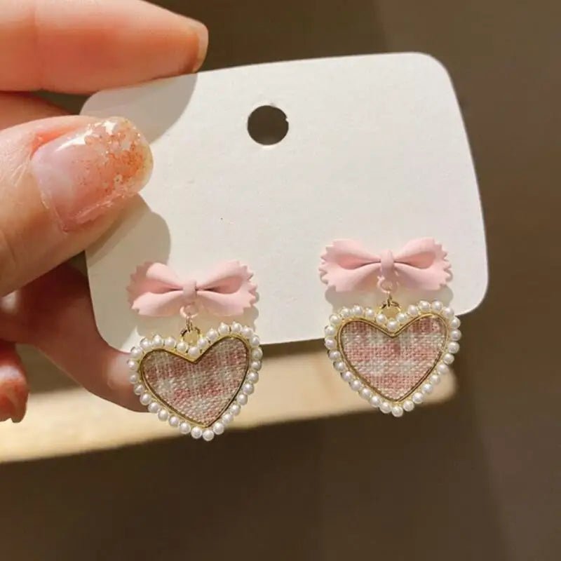 Dainty Pink Plaid Heart Flower Earrings with Gold Details - Cosparty