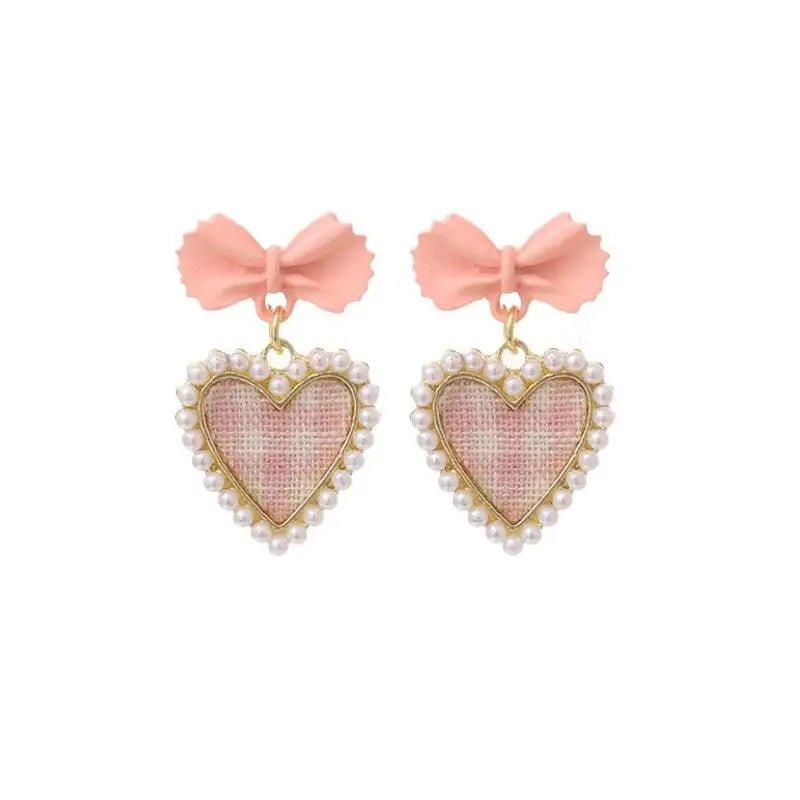 Dainty Pink Plaid Heart Flower Earrings with Gold Details - Cosparty