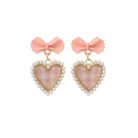 Dainty Pink Plaid Heart Flower Earrings with Gold Details - Cosparty