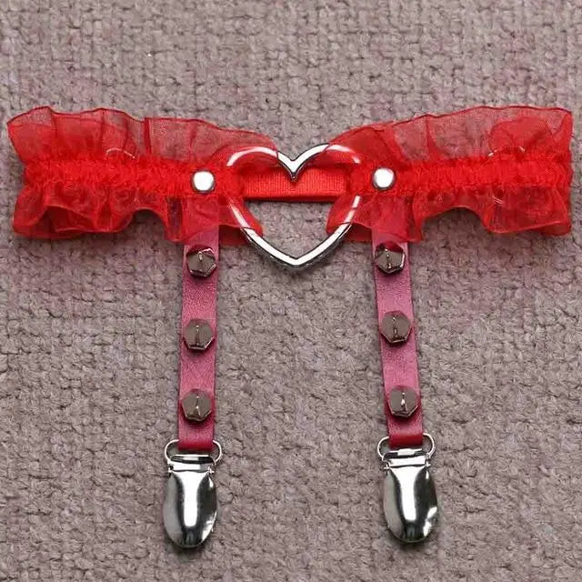 Ruffled Red Spiked Heart Garter Belt Leg Ring Harness Bondage Kink