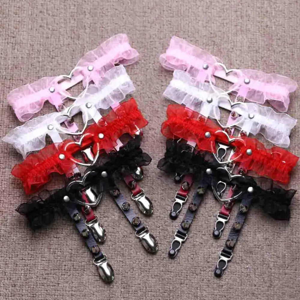 Dainty Ruffled Garter Belt with Chiffon Grommets and Spikes - garter