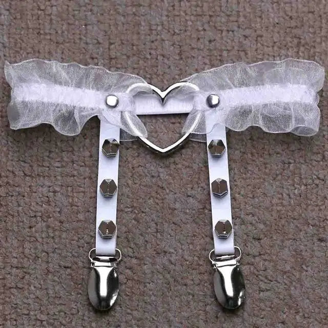 Ruffled WHITE Spiked Heart Garter Belt Leg Ring Harness Bondage Kink