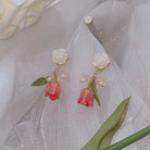 Dainty Tulip Flower Earrings with Gold Details and Backings - earrings