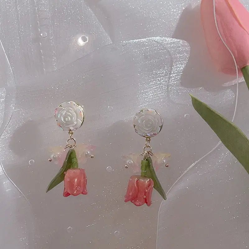 Dainty Tulip Flower Earrings with Gold Details and Backings - Cosparty