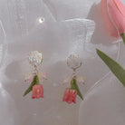 Dainty Tulip Flower Earrings with Gold Details and Backings - earrings