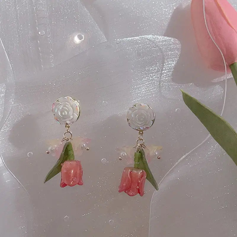 Dainty Tulip Flower Earrings with Gold Details and Backings - earrings