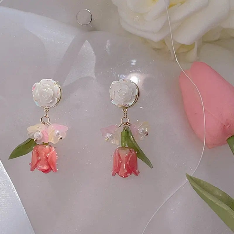 Dainty Tulip Flower Earrings with Gold Details and Backings - earrings