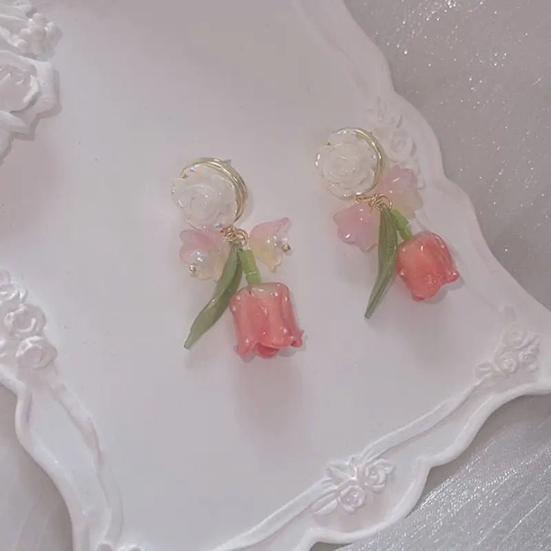 Dainty Tulip Flower Earrings with Gold Details and Backings - Cosparty