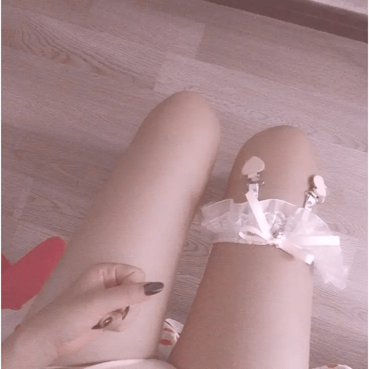 Dainty Vegan Garter Belt with Ruffled Tulle Lace and Pink Hearts - Cosparty