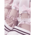 Dainty Vegan Garter Belt with Ruffled Tulle Lace and Pink Hearts - Cosparty