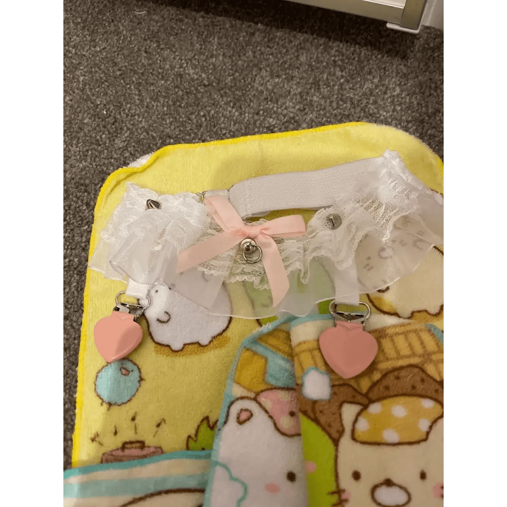 Dainty Vegan Garter Belt with Ruffled Tulle Lace and Pink Hearts - Cosparty