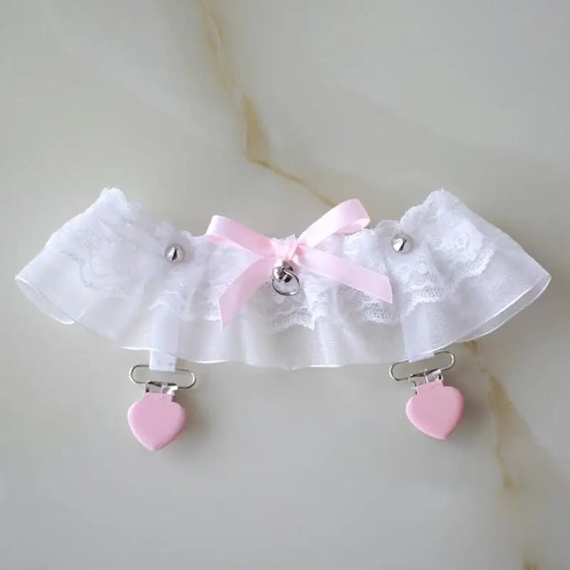 Dainty Vegan Garter Belt with Ruffled Tulle Lace and Pink Hearts - Cosparty