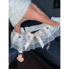 Dainty Vegan Garter Belt with Ruffled Tulle Lace and Pink Hearts - Cosparty