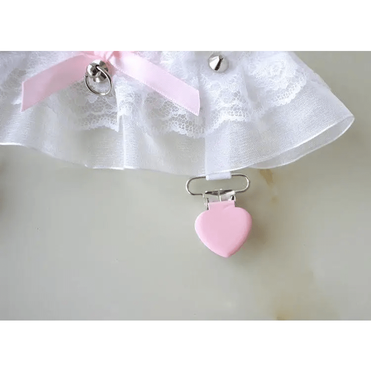 Dainty Vegan Garter Belt with Ruffled Tulle Lace and Pink Hearts - Cosparty