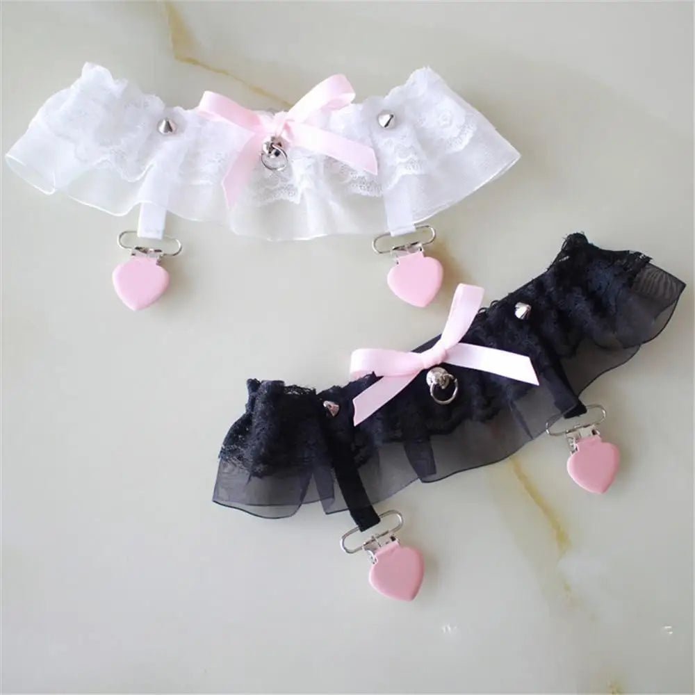 Dainty Vegan Garter Belt with Ruffled Tulle Lace and Pink Hearts - Cosparty