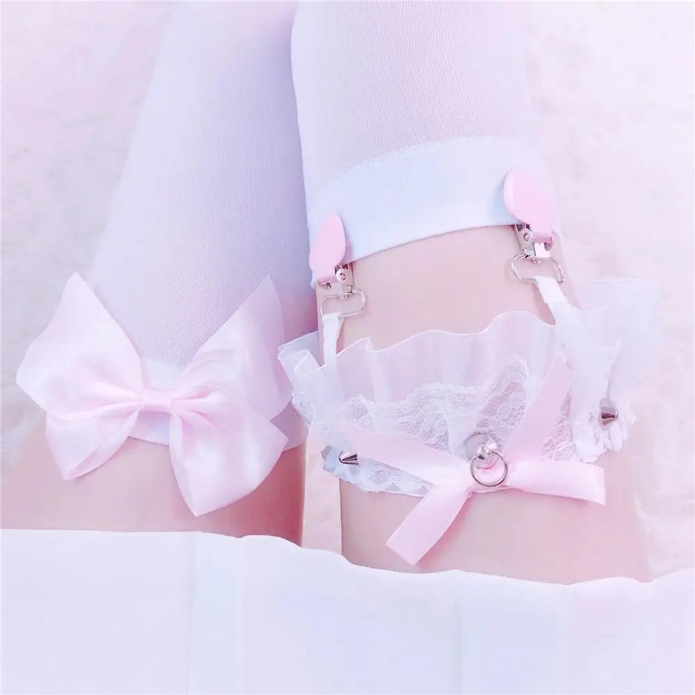 Dainty Vegan Garter Belt with Ruffled Tulle Lace and Pink Hearts - garter belt