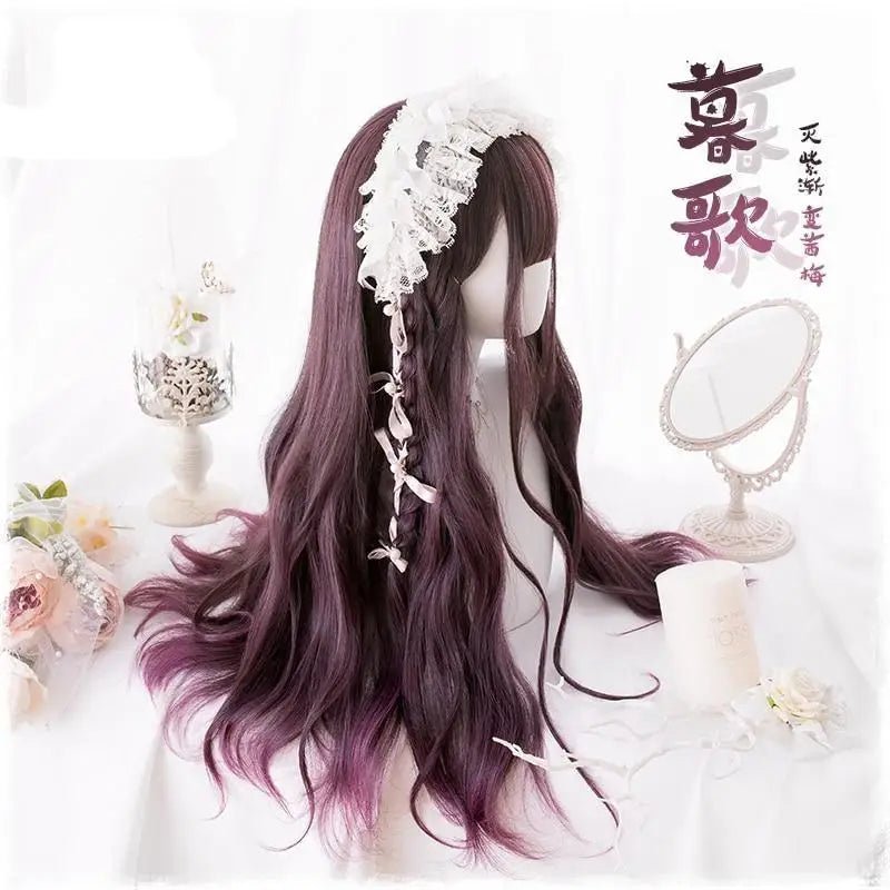 Dark Red Wavy Lolita Wig with Ombre Style and Soft Waves - Cosparty