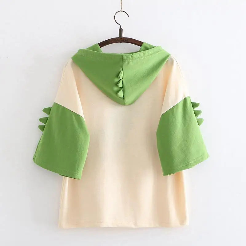 Dino-Green Japanese Inspired Hooded T-Shirt - shirt