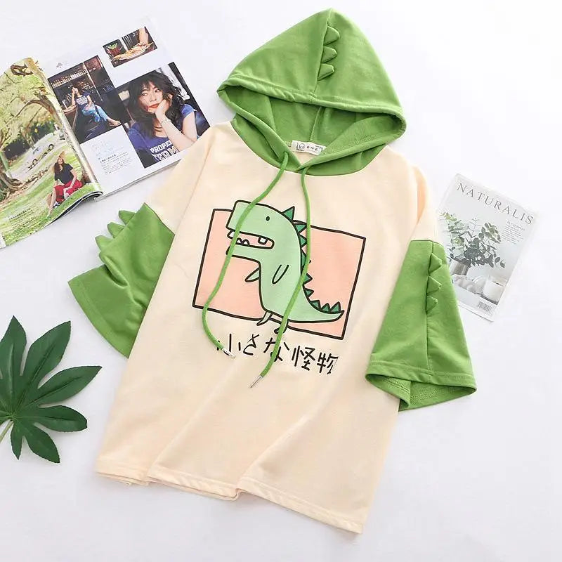 Dino-Green Japanese Inspired Hooded T-Shirt - shirt