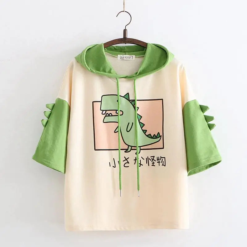 Dino-Green Japanese Inspired Hooded T-Shirt - shirt