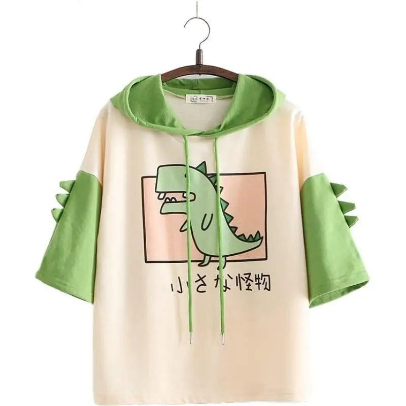 Dino - Green Japanese Inspired Hooded T-Shirt - Cosparty