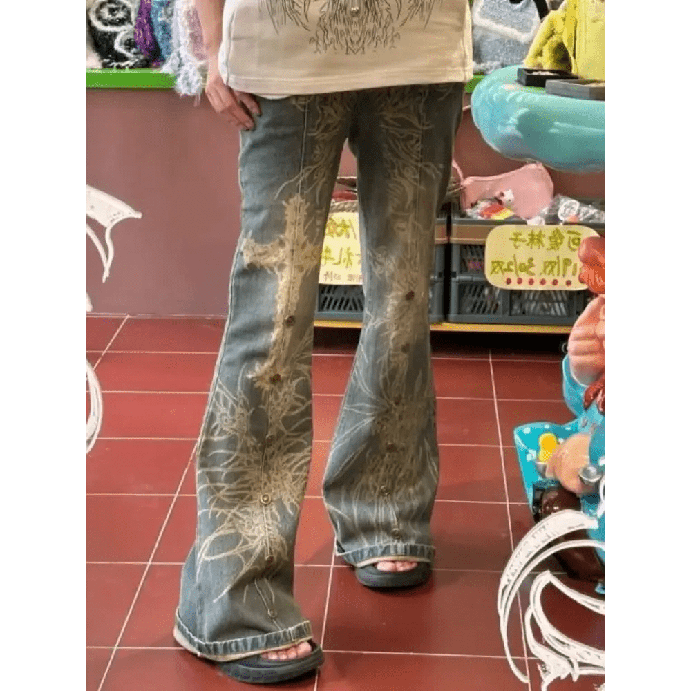 Distressed Y2K Grunge Flare Jeans for 90s Rebel Style - Cosparty