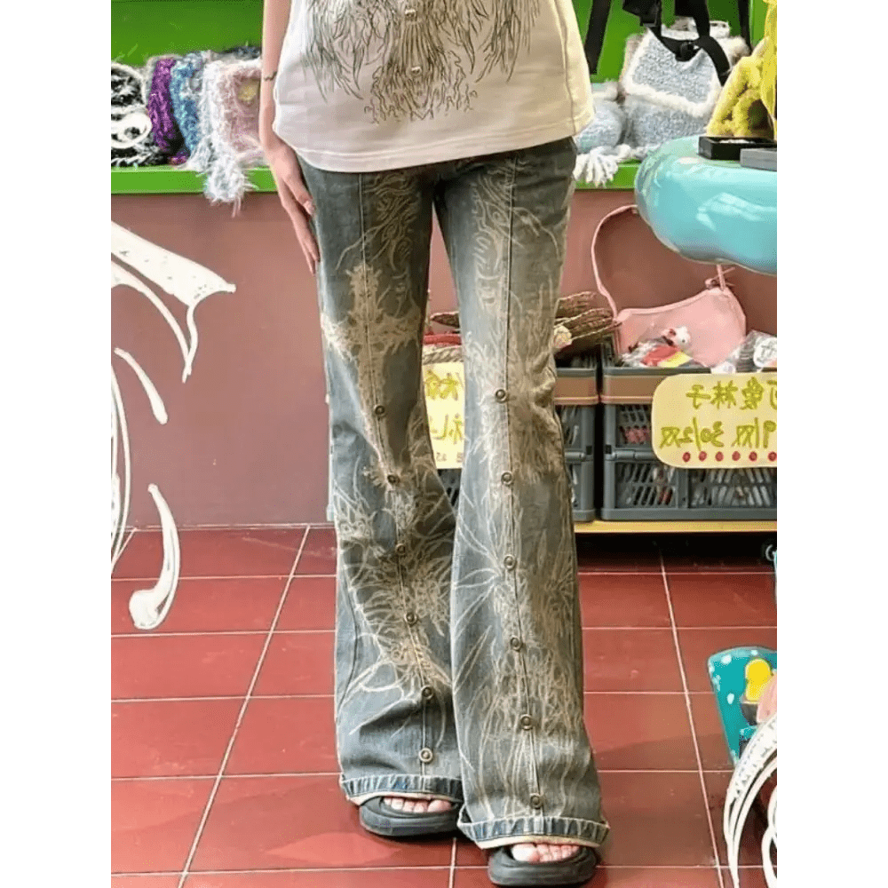 Distressed Y2K Grunge Flare Jeans for 90s Rebel Style - Cosparty