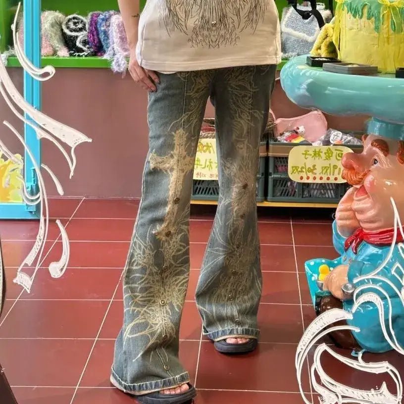 Distressed Y2K Grunge Flare Jeans for 90s Rebel Style - Cosparty