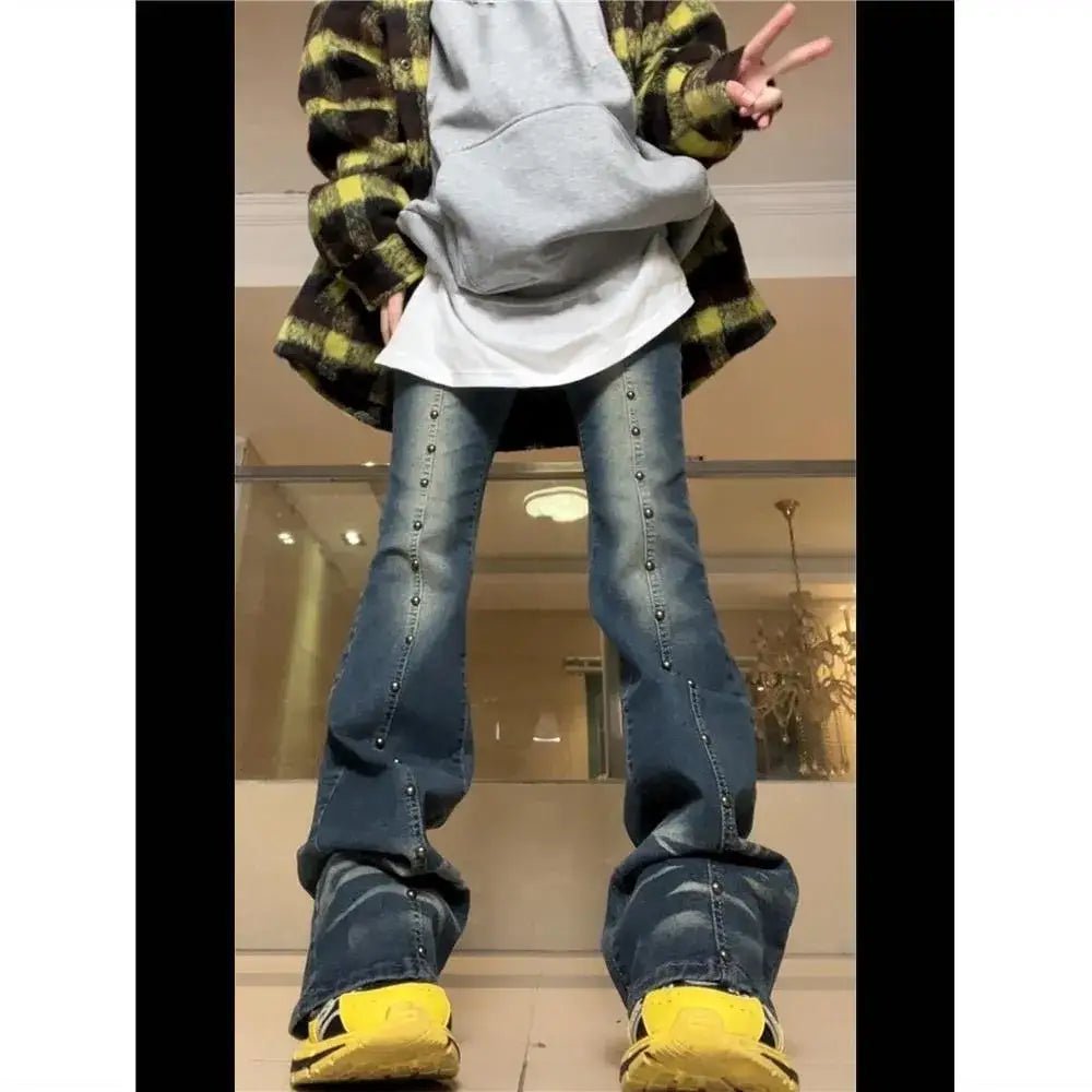 Distressed Y2K Grunge Flare Jeans for 90s Rebel Style - Cosparty