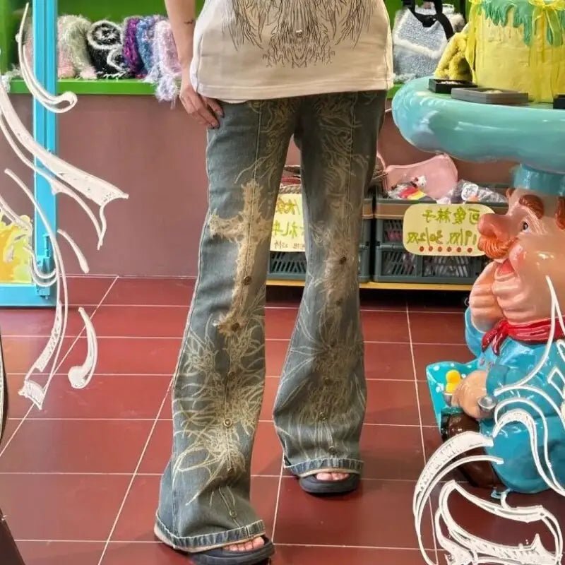 Distressed Y2K Grunge Flare Jeans for 90s Rebel Style - Cosparty