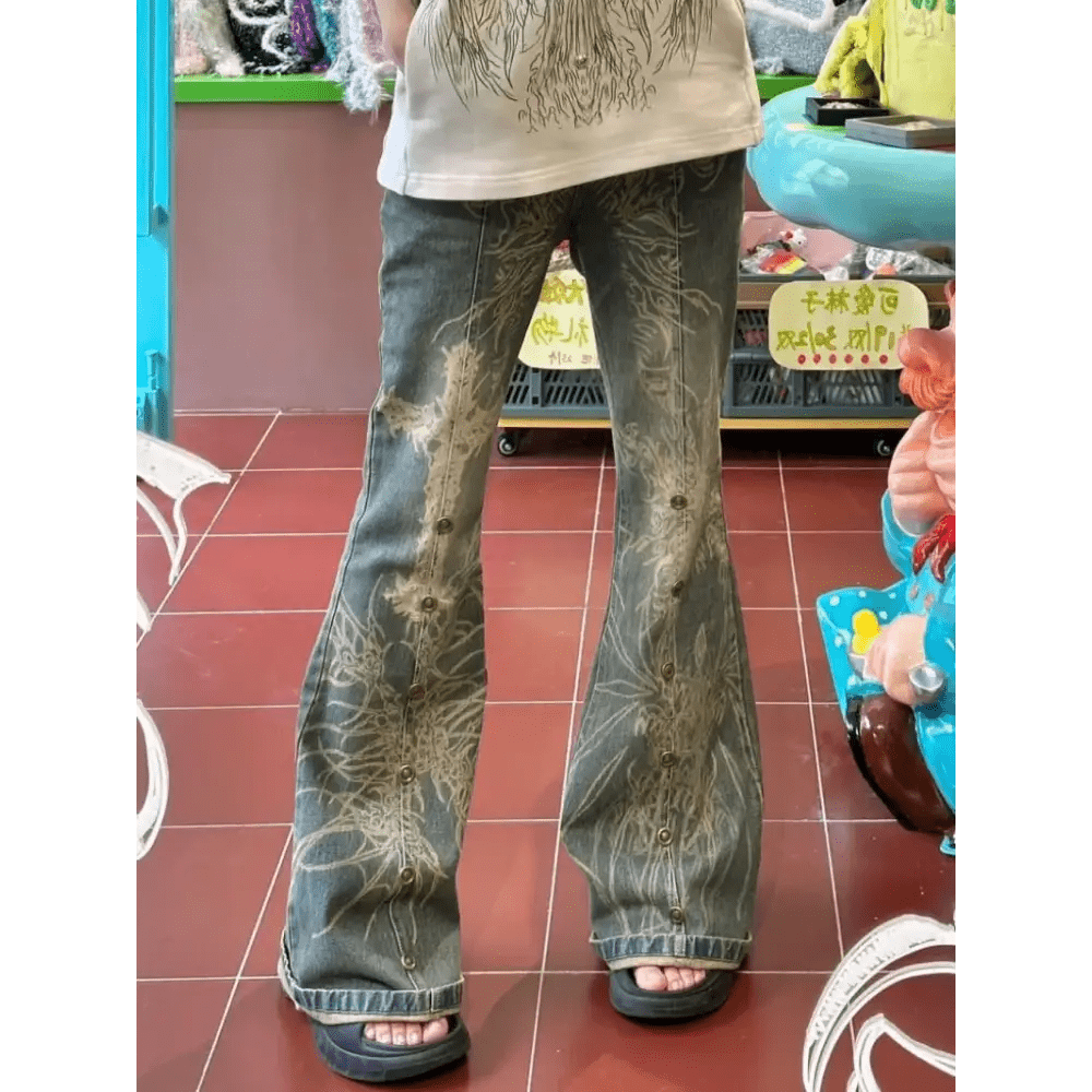 Distressed Y2K Grunge Flare Jeans for 90s Rebel Style - Cosparty