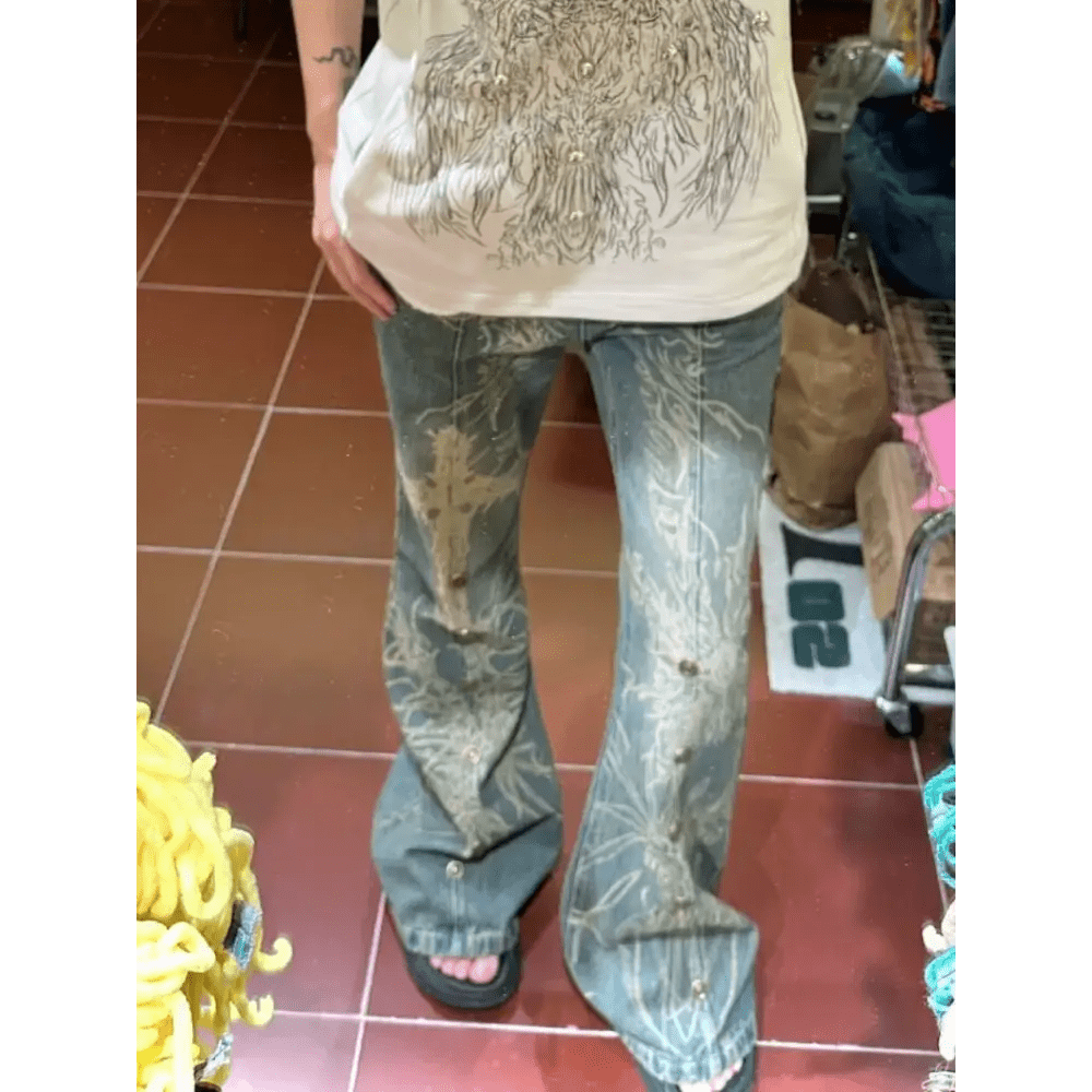 Distressed Y2K Grunge Flare Jeans for 90s Rebel Style - Cosparty