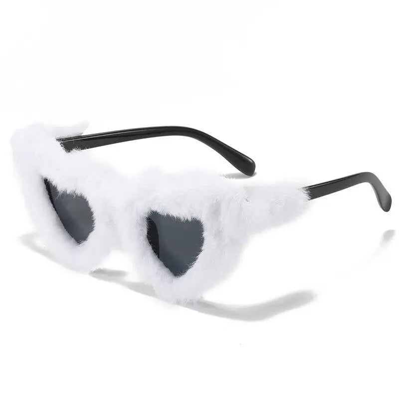 Doll Vibes Retro Heart Shaped Sunglasses in Pink Fur - White - sunglasses