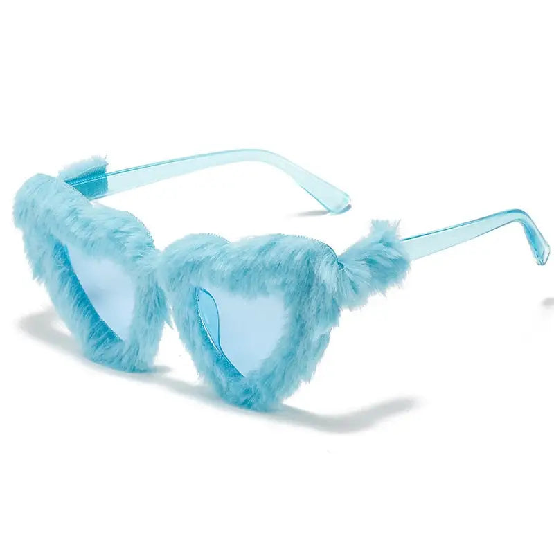 Doll Vibes Retro Heart Shaped Sunglasses in Pink Fur - Blue - sunglasses