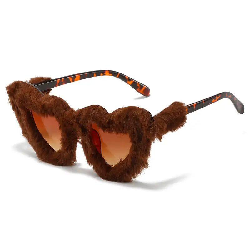 Doll Vibes Retro Heart Shaped Sunglasses in Pink Fur - Brown - sunglasses