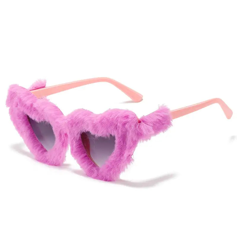 Doll Vibes Retro Heart Shaped Sunglasses in Pink Fur - Purple - sunglasses