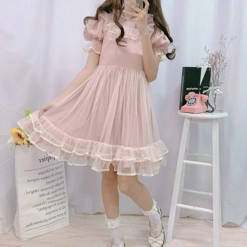 Dusty Pink Fairy Gown with Chiffon Ruffles and Puffed Sleeves - dress